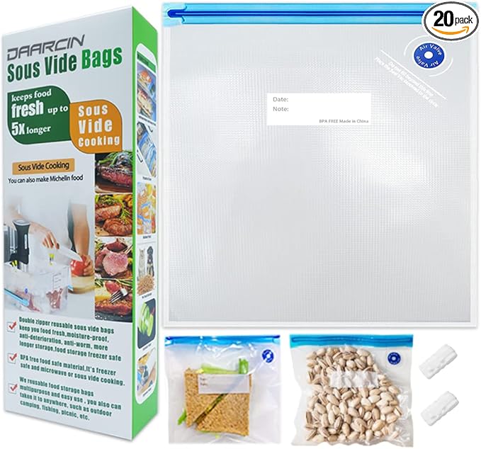 Sous Vide Bags 20pcs 8.3x8.7in/21x22cm BPA Free Reusable Vacuum Sealer Bags Keep Food Fresh