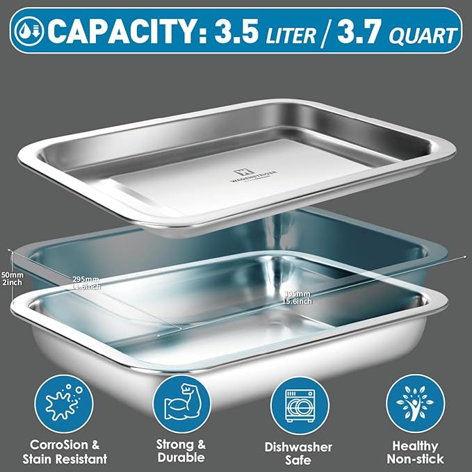 Stainless Steel Food Prep Container with Rack & Lid (Tray), 3.7Quarts, Catering Pans, Restaurant Pans, Buffet Party Pan, Roasting Pan with Rack, Bakeware Roaster, Casserole (1304 / No4)