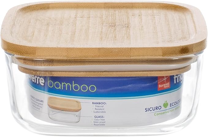 Bormioli Rocco Frigoverre Bamboo 33.75 oz. 6" Square Glass Food Storage Container with Bamboo Lid, Set of 12