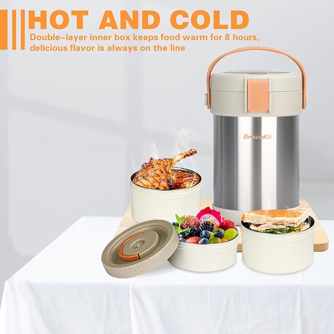 Thermo for Hot Food 3-Layer Termos Para Comida Caliente 67oz Leakproof Lunch Box for Men Women Adults - Insulated Soup Container w/Cutlery, Collapsible Cup & Thermal Bag, Office Camping Travel