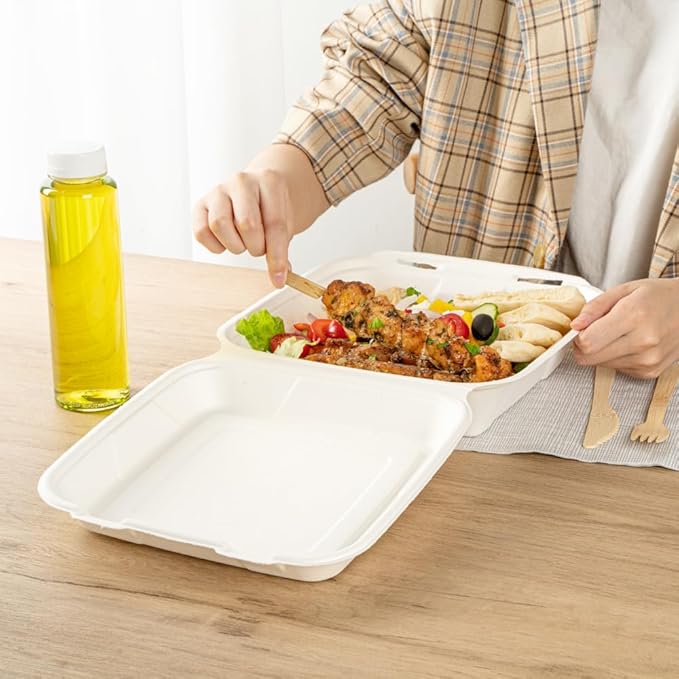 Restaurantware Pulp Safe No PFAS Added 32 Ounce Clamshell Boxes 100 Disposable Containers - Home Compostable Microwavable And Freezable White Bagasse Containers Built-In Hinged Lid And Tab Lock
