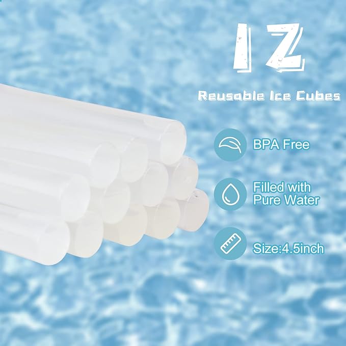 12 Pack Reusable Ice Cubes for Drinks, Quick Freeze Reusable Water Bottle Ice Stick BPA Free, Washable Plastic Clear Ice Cubes for Whiskey, Wine, Coffee (Transparent)