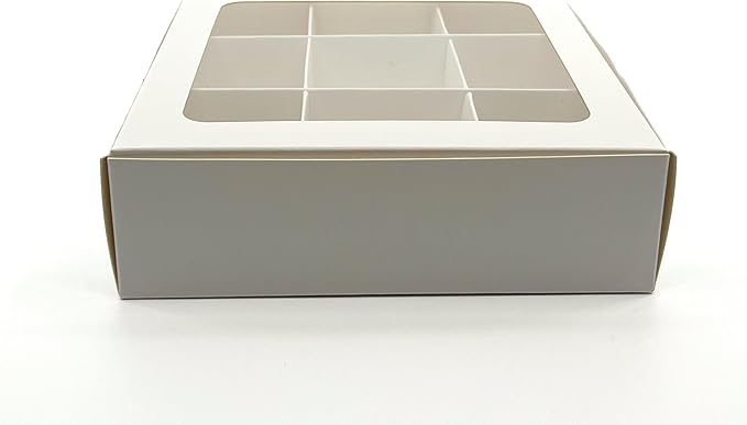 Treat boxes with window and dividers | 9 SMALL compartments | 6.5 x 6.5x 1.9 in | Chocolate covered strawberries supplies, macaron boxes, baked goods packaging | 10-pack (White)