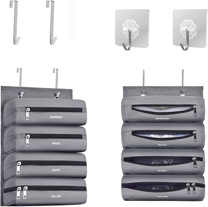 Zipper Bag Organizer Compatible with Gallon, Quart, Sandwich & Snack Food Storage Bag, Kitchen Plastic Bag Storage Organizer for Kitchen RV Camper (Grey)