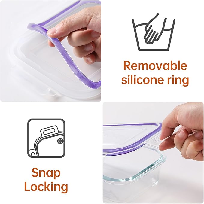 HOMBERKING 8 Pack Glass Food Storage Containers with Lids, Meal Prep Containers, Airtight Bento Boxes with Leak Proof Locking for Microwave, Oven, Freezer and Dishwasher, BPA Free, 5-35oz, purple