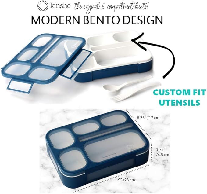 kinsho Bento Lunch Box Kids, Leakproof Lunch Containers for Boys Girls Adults with 6 Compartments - School, Daycare, Meal Planning Portion Control Container, BPA-Free Boxes, Utensils, Navy Blue