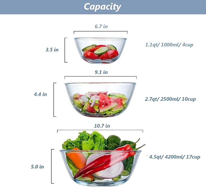 Glass Mixing Bowls with Lids Set of 3(4.5QT,2.7QT, 1.1QT, Large Kitchen Salad Bowls, Space-Saving Nesting Bowls, Round Glass Serving Bowls for Cooking,Baking,Prepping,Dishwasher Safe