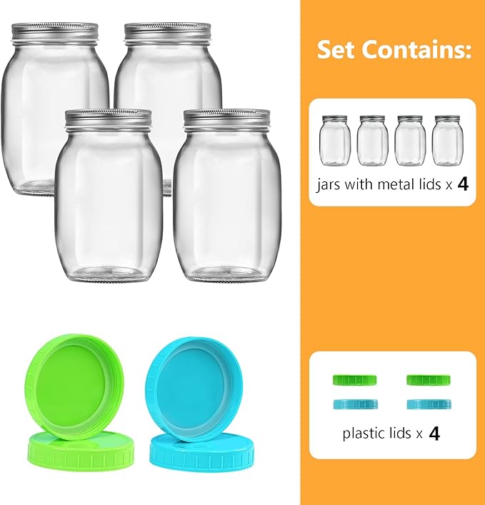 32 oz Wide Mouth Mason Jars with Metal Lids & Plastic Lids, Quart Size Clear Glass Jars for Preserving, Meal Prep, Salad, Canning, Fermenting, Favors, Home Decor, DIY - 4 Pack1