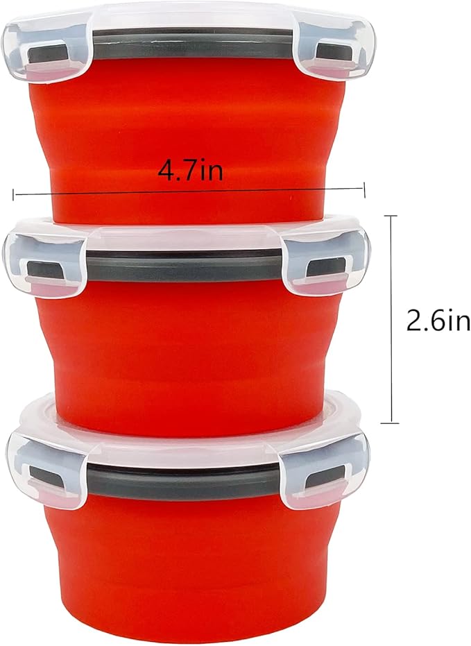 CCyanzi 3piece Round Collapsible Bowl with Lids, Silicone Food Storage Containers, Microwave & Freezer Safe, Space Saving for Kitchen Cabinet and Camping Backpack,(Red Gray)