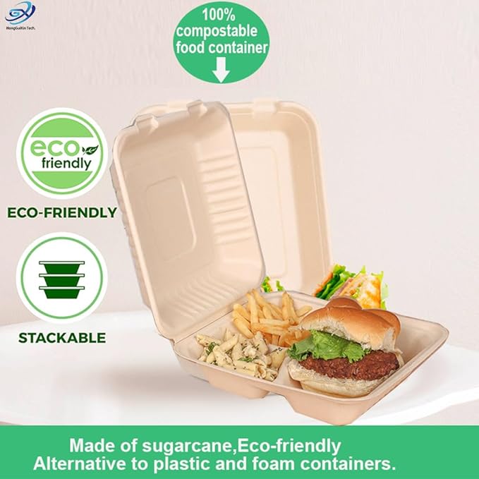 Compostable Take Out Food Container 9x9 Biodegradable 3-Compartment Clamshell To Go Container with Hinged Lid Heavy Duty Togo Disposable Box For Pasta Salad Sandwich Carryout Meal
