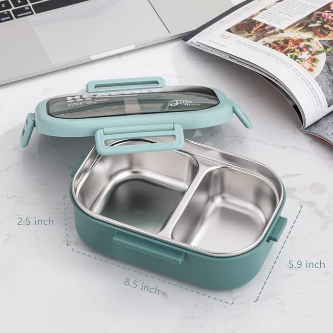 Lille Home 28oz Stainless Steel Leakproof 2-Compartment Bento Lunch Box/Portion Control Food Container with Lunch Bag and Cutlery Set, BPA Free