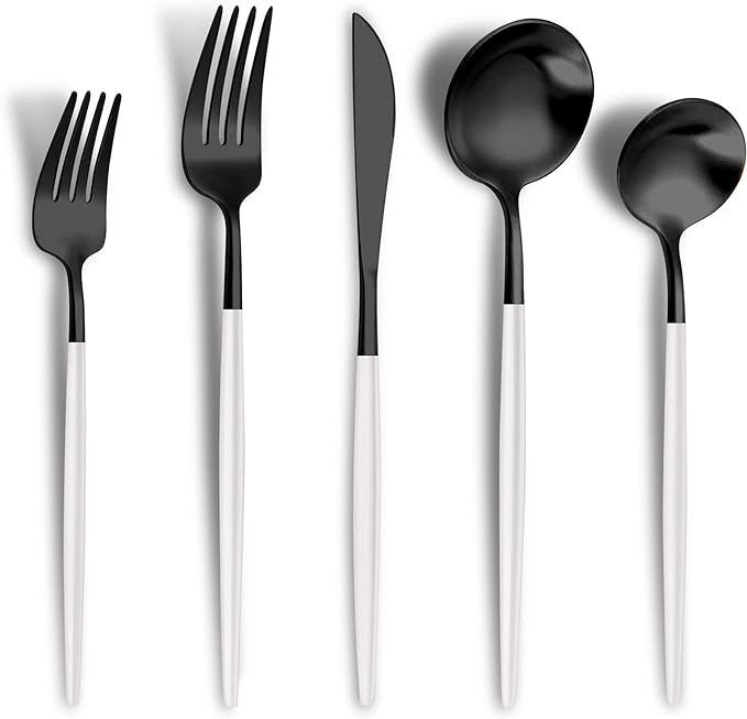Matte Black White Silverware Set for 4,Modern Stainless Steel Brushed Cutlery Set,20-Pieces Heavy Duty Flatware Set,Knives Spoons and Forks Set Utensils Set, Satin Finish, Dishwasher Safe