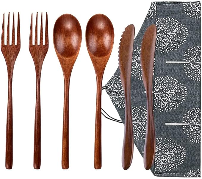Wooden Spoon Fork Knife Eating Flatware Set Portable Utensil Set with Case, Reusable Wooden Cutlery Travel Utensils Set, 2 Spoons and 2 Forks and 2 Knives