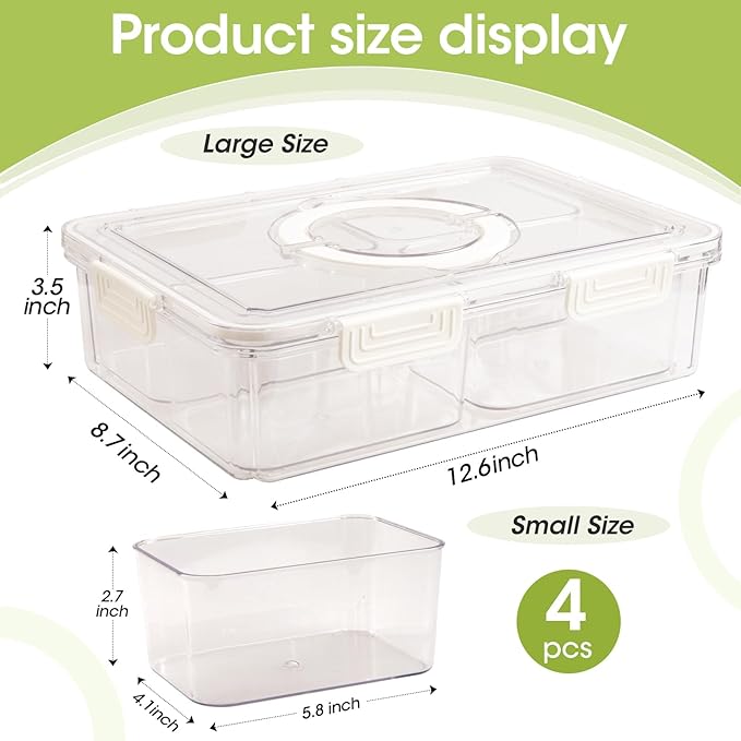 2PCS Divided Serving Tray with Lid & Handle, 4 Compartment Removable Snack Box, Kitchen Organizers and Storage, Snackle Box Container, BPA-Free Fruit Storage Container for Berry, Snack, Candy, Nuts…