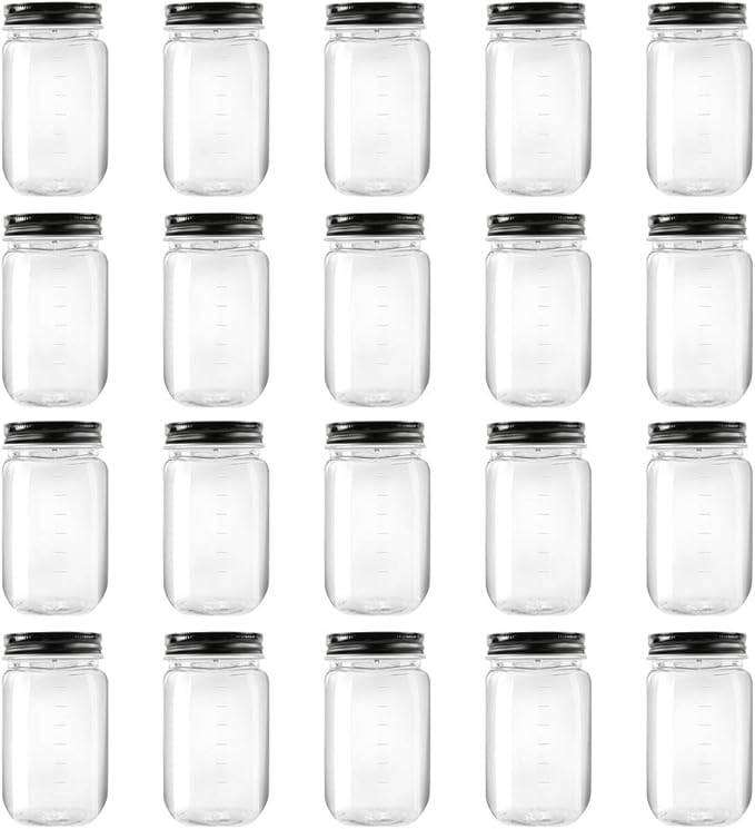 Novelinks 16 Ounce Clear Plastic Jars With Black Lids - Refillable Round Containers for Kitchen & Household Storage - BPA Free (20 Pack)