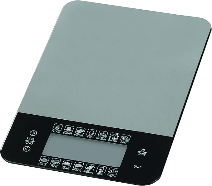 SmartHeart Digital Kitchen Food Scale with Calorie & Carb Calculator | Stainless Steel | Tare Function | Unit Conversions: oz/lbs/g/ml | 14 Pre-Set Foods | Large Backlit LCD Display