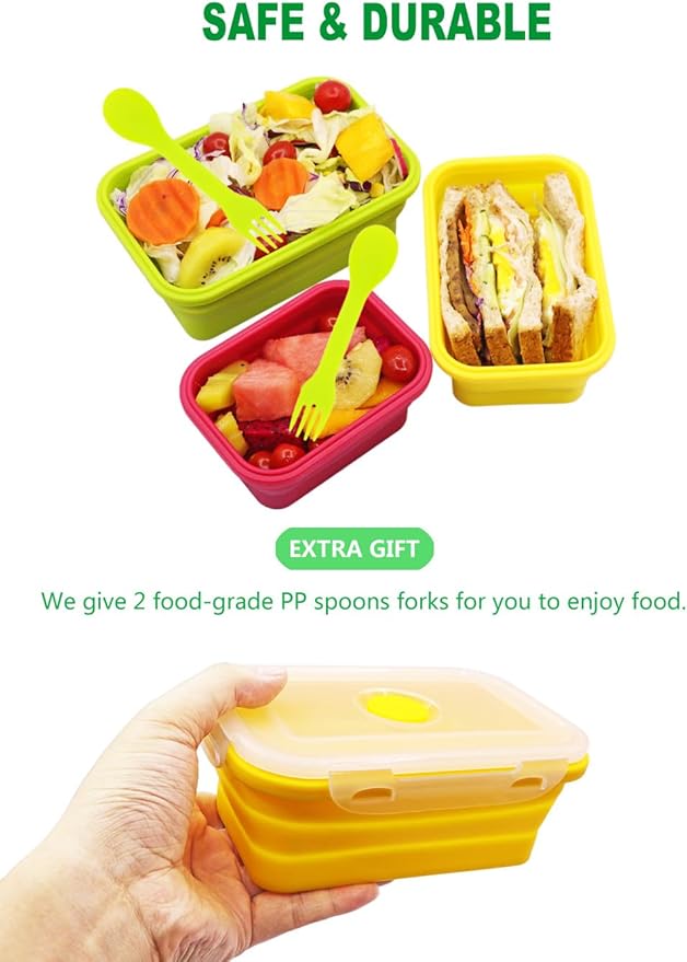 Set of 4 Collapsible Silicone Food Storage Containers With Lids,Leftover Meal Box For Kitchen, Microwave,Dishwasher and Freezer Safe, Foldable Bento Lunch Boxes, BPA Free