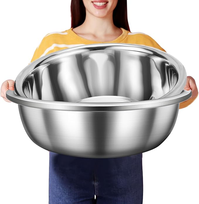 2 Pack Large Mixing Bowl Oversized All Purpose 304 Stainless Steel Polished Mirror Flat Base Metal Bowl for Home or Commercial Prepping Baking Mixing Marinating(8qt)