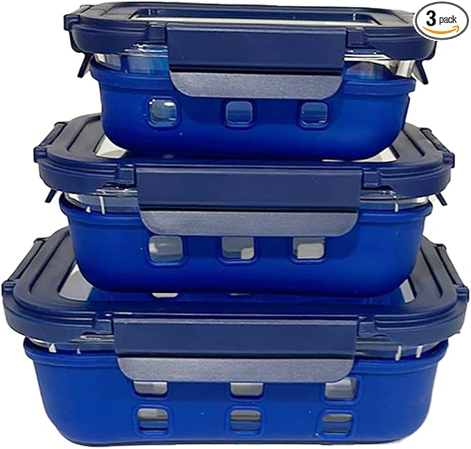 VINGO Glass Food Storage Container with Silicone Sleeve and Leak Proof Airtight Lids, Rectangular shape - 6 Pc Set (3 Containers - 3 Matching Lids) Blue