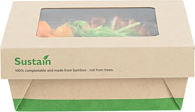 Restaurantware-27 Ounce Sturdy Paper Take Out Boxes, 50 Disposable Take Out Food Containers - With PLA lining, Paper Lid With Clear PLA Window, Bamboo Paper Containers, Compostable, Greaseproof