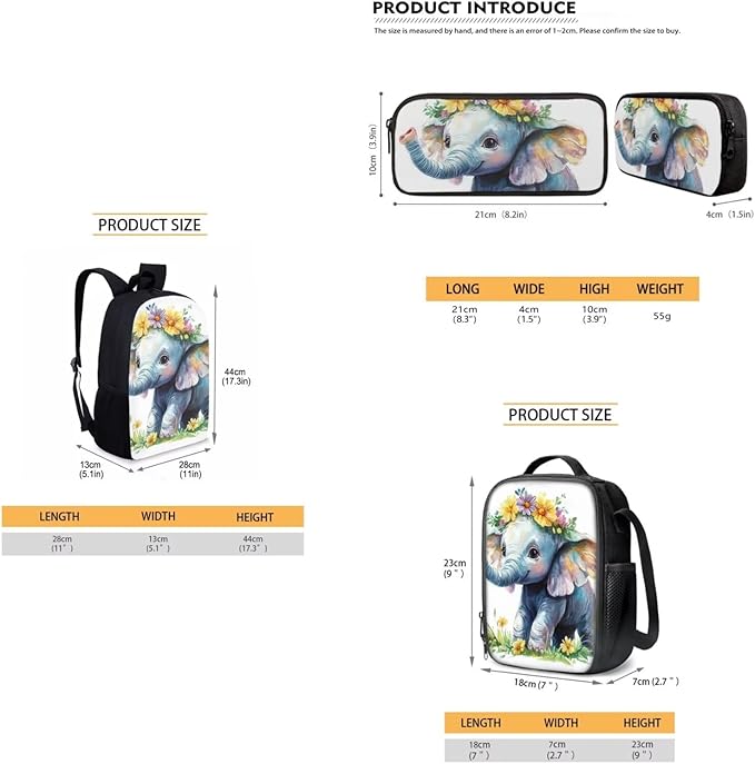 Dolyues Flower Elephant Girls' Backpack Set17-Inch Student Backpack Shoulder Lunch Bag & Glitter Pencil Case for Girls Ages 6-12