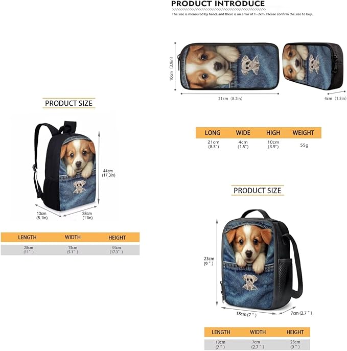 Dolyues Pocket Puppy Kawaii Girls 3-in-1 Backpack Kit: 17 Inch Kids Backpack, Insulated Lunch Bag & Animal Pencil Pouch - Multiple Pockets & Adjustable Straps