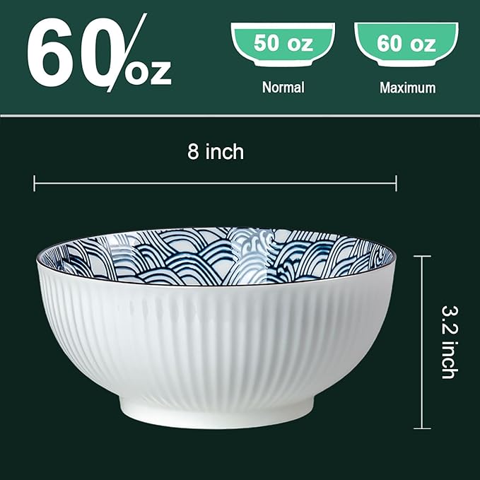 QINLANG Large Soup Bowls, Pho & Ramen Set of 3, 60 oz Blue & White Porcelain - Wave Pattern