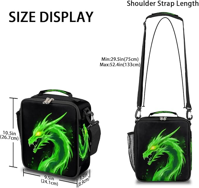 Kids Lunch Box for Boys Girls Green Dragon Animal Lunch Bag for Kids Insulated Lunch Bag Tote with Adjustable Shoulder Strap Teens Lunchbox Cooler School Picnic