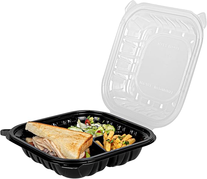 Restaurantware Thermo Tek 34 Ounce Clamshell Containers, 100 Disposable Take Out Boxes - 3 Compartments, Ventilated Lids, Black Plastic Meal Prep Containers, Microwavable, For Pasta Or Salads