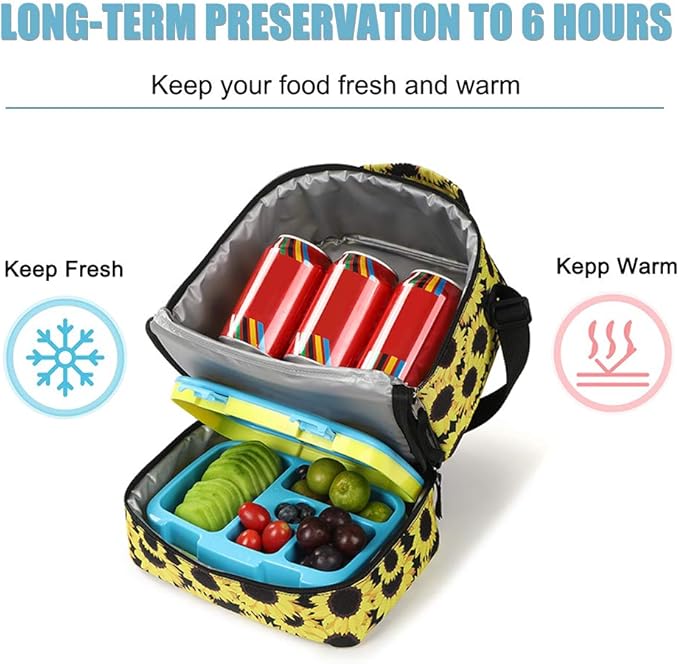 Tilami Lunch Bags Insulated Adjustable Strap Zipper, Two Compartments Cooler Bags, Bento Bags for Kids Toddlers, Sunflower