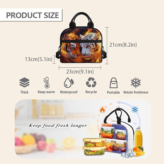 Showudesigns Fire Tiger Lunch Box for Teen Girls Middle School Kids Lunch Bag 10-12 12-14 Insulated Lunchbox Purse with Adjustable Shoulder Strap Thermal Meal Organizer Black