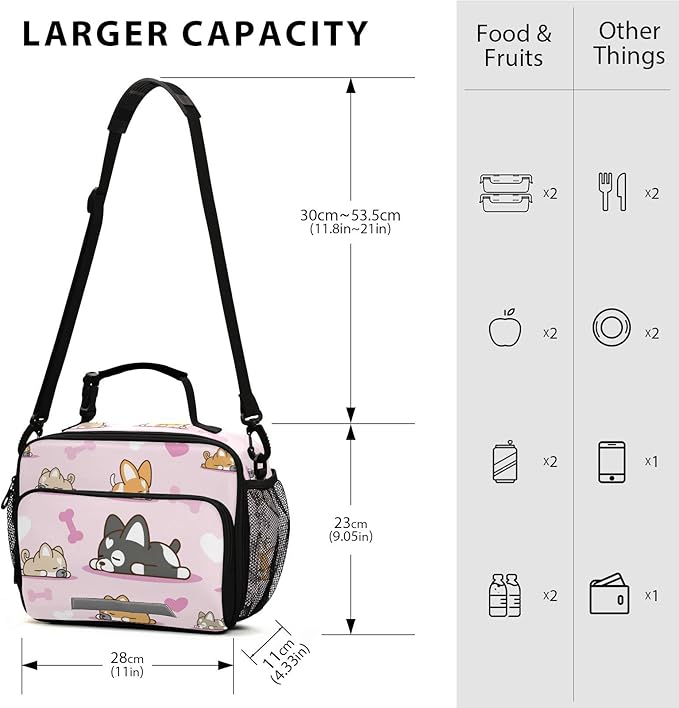 Pfrewn Lunch Box for Kids School Students Cartoon Dog Pastel Pink Insulated Lunch Bag with Shoulder Strap for Office Adults Reusable Cooler Bags Lunch Tote for Girls Boys Teens