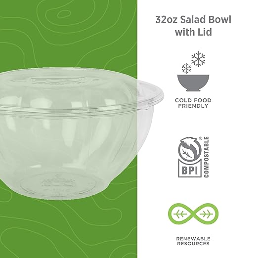ECO PRODUCTS Compostable Clear PLA Plastic 32oz Salad Bowl With Lid, Pack of 50, Grab 'n' Go Round Cold Takeout Food Containers, Renewable Plant-Based, Disposable, ASTM Compliant, BPI-Certified