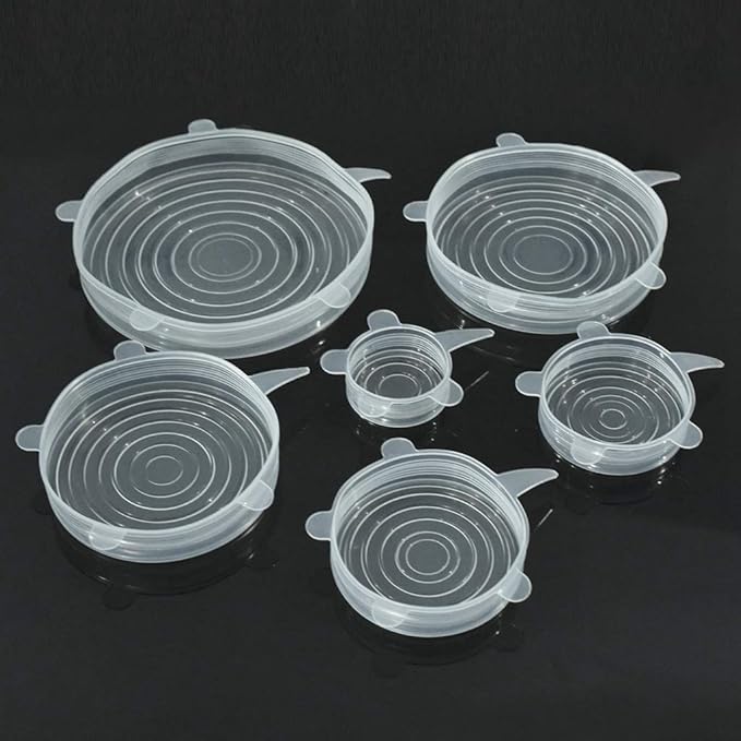 Flexible Silicone Stretch Lids Round Reusable Food Covers For Bowl Cup Dish Silicone Food Wrap Food Grade 6pcs (Clear)