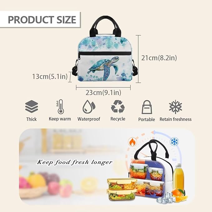 Showudesigns Sea Turtle Lunch Bags for Girls 10-12 12-14 Kids Insulated Lunch Box Reusable Lunch Tote Bag with Handles Middle School Lunchbox Containers Hippie Thermal Meal Tote Kit