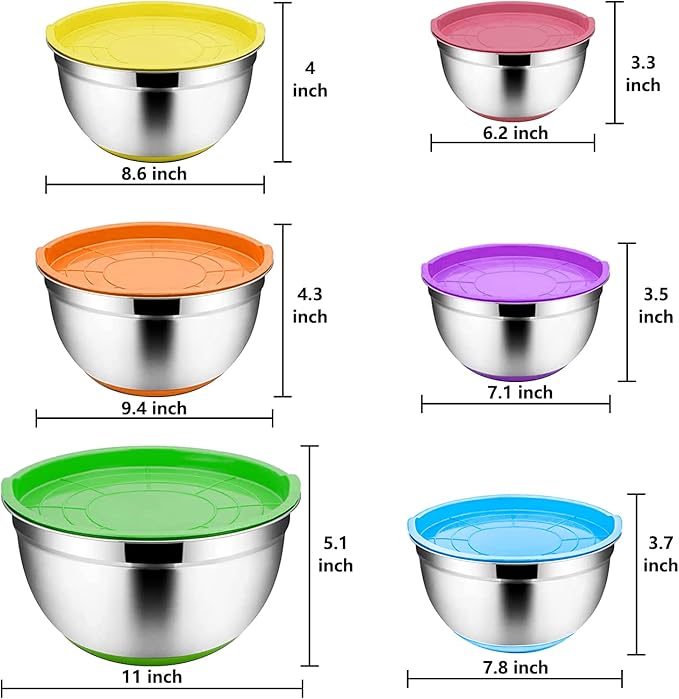 Menbyci 6 Pcs Mixing Bowls with Lids,Stainless Steel Mixing Bowls Utensils with 3 Grater Attachments,Non-Slip Bottoms,Mixing Bowl Set for Kitchen Mixing Baking Prepping Cooking Serving,Colorful