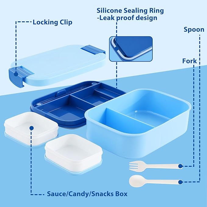 Bento Lunch Box Set for Kids - Blue Nylon insulated Lunch Bag with 12oz Thermos, Leak-Proof Containers, Adjustable Strap, Birthday Gifts for Girls School Travel Picnic (Ages 3-15)