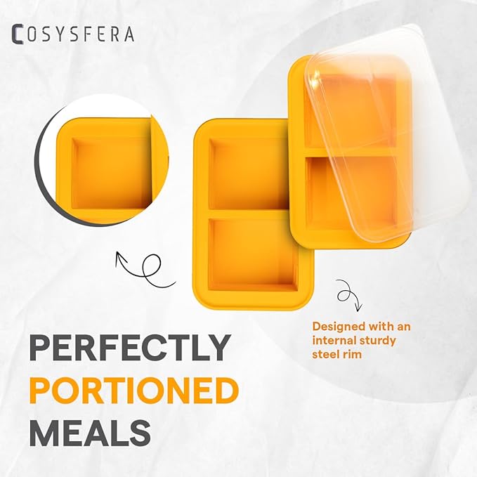 Silicone Freezer Tray with Lid – 2 Cup Portion Mold (2 Portions), Reusable Food Storage Container for Meal Prep, Soup, Sauce, Broth and Leftovers - DPA free - Microwave, Oven and Dishwasher Safe