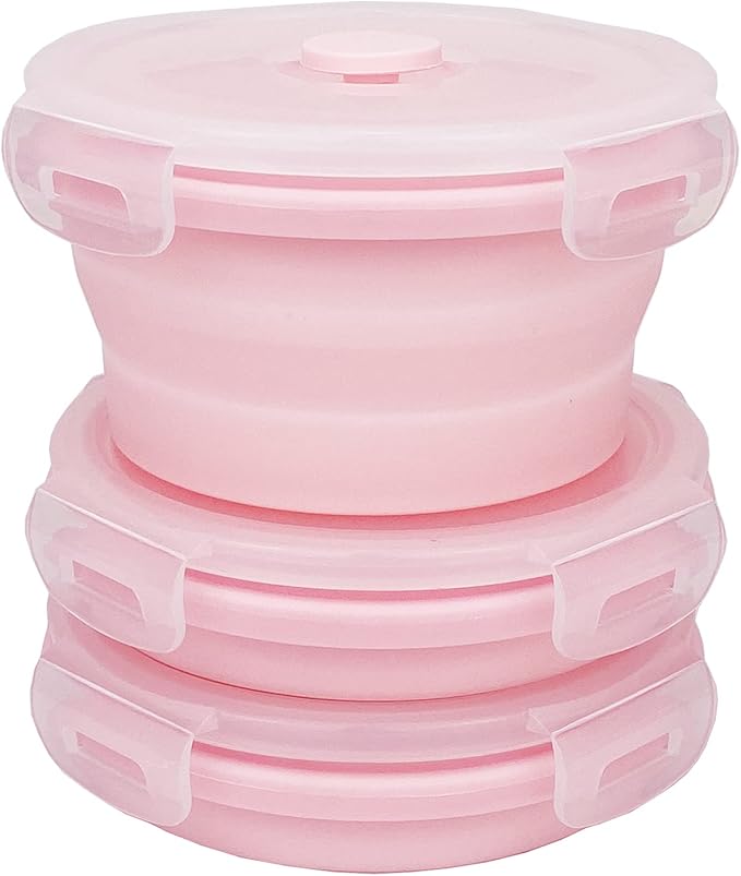 CCyanzi 3piece Round Collapsible Bowl with Lids, Silicone Food Storage Containers, Microwave & Freezer Safe, Space Saving for Kitchen Cabinet and Camping Backpack,(Pink)