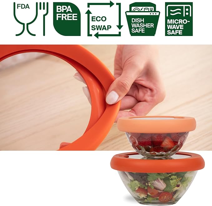 Food Huggers Replacement Lids for Glass Storage Containers | Silicone & Glass Lids that Don’t Crack | Fits Most Round Container Brands & Bowls | 100% Plastic Free | 2 Lid Set (S,M), Terracotta