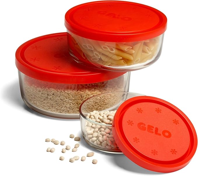 Bormioli Rocco Gelo 4pc Glass Storage Container/Food Storage Set with Red Lid (11.75 oz., 24.25 oz., 44.75 oz., 93.75 oz.)