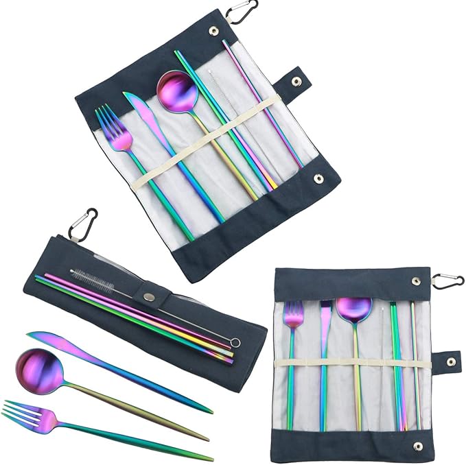Reusable Travel Utensils, 7 Piece Portable 304 Stainless Steel including Knife Fork Spoon Chopsticks Cleaning Brush Straws Portable Pouch, Eco-friendly Camping Silverware Set, Dishwasher Safe