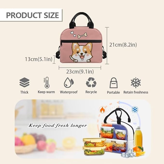 Showudesigns Cute Corgi Lunch Bags for Girls 8-10 10-12 Insulated Lunch Box Travel Bag Picnic Container Thermal Meal Tote Kit With Thick Handle Crossbody Bag Lunchbox Bento Pink