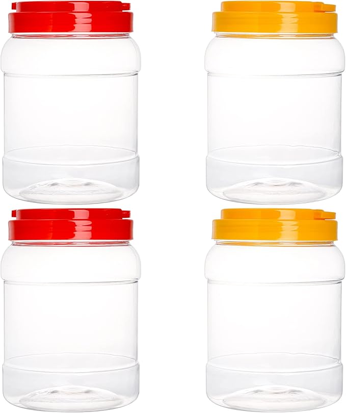 Lyellfe 4 Pack Clear Plastic Jars, Half Gallon Wide Mouth Storage Containers with Leak-proof Lids Handle, BPA Free Empty Plastic Jar for Flour, Dry Goods, Cookies, Candy, Airtight Food Storage