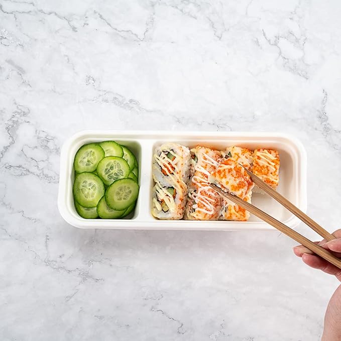 Restaurantware Pulp Tek 9.2 x 3.8 x 1.8 Inch Takeaway Food Boxes 100 Microwavable Take Out Containers - Lids Sold Separately Freezable White Bagasse Catering Food Containers 2 Compartments