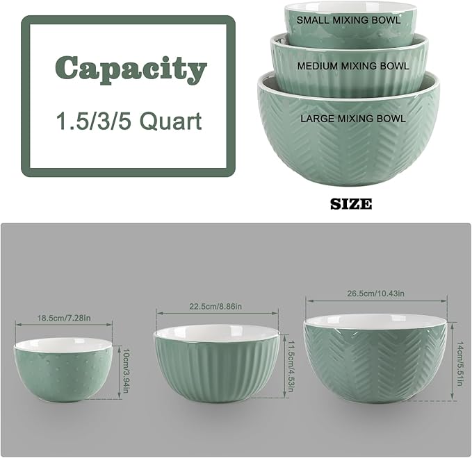 HAPPY KIT Ceramic Mixing Bowls Set, Serving Bowls Set For Kitchen,Large 5/3/1.5 Quart Bowl Set of 3, Prep Nesting Bowl for Baking and Mixing Salad,Avocado green