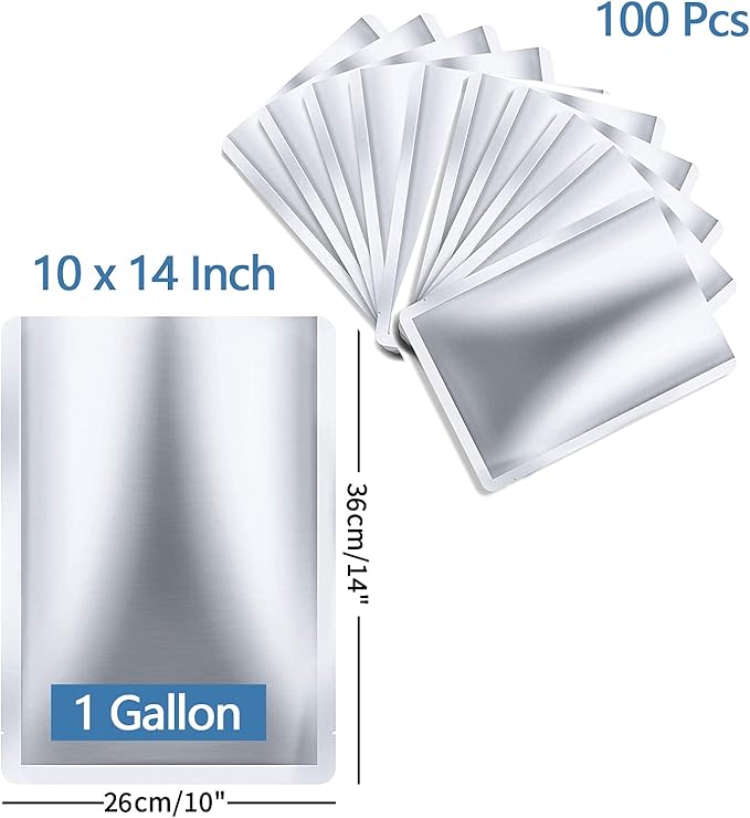 100 Pieces 1 Gallon Mylar Bags 10 x 14 Inch, 5 Mil Mylar Bags for Food Storage Coffee Tea Beans Dry Food, Thick Sealable Mylar Bag
