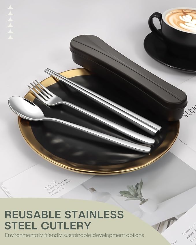2 Pack Travel Utensils with Case, PHILIPALA Portable Reusable Silverware Set for Lunch Work Picnic, 18/8 Stainless Steel Camping Cutlery Set Includes Fork Spoon Chopsticks(Silver)