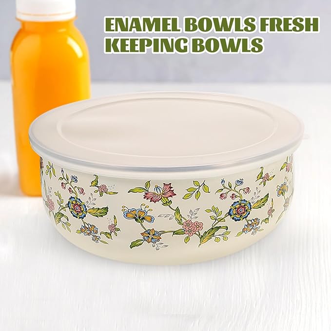 Hemoton 5pcs Enamel Mixing Bowls with Lids - Stackable Food Storage Bowls for Salad, Fruit, Soup - Retro Design for Home Use, 4.05 X 4.05 X 1.96 Inch