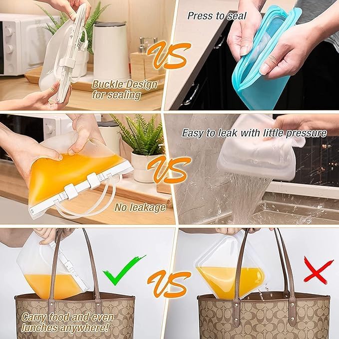 Reusable Food Storage Silicone Bags Leakproof Airtight SnapBag Pouch Stand-Up Flat Bottom Reuse Ziplock Freezer Bag, Dishwasher Safe Bags Reusable Sous Vide